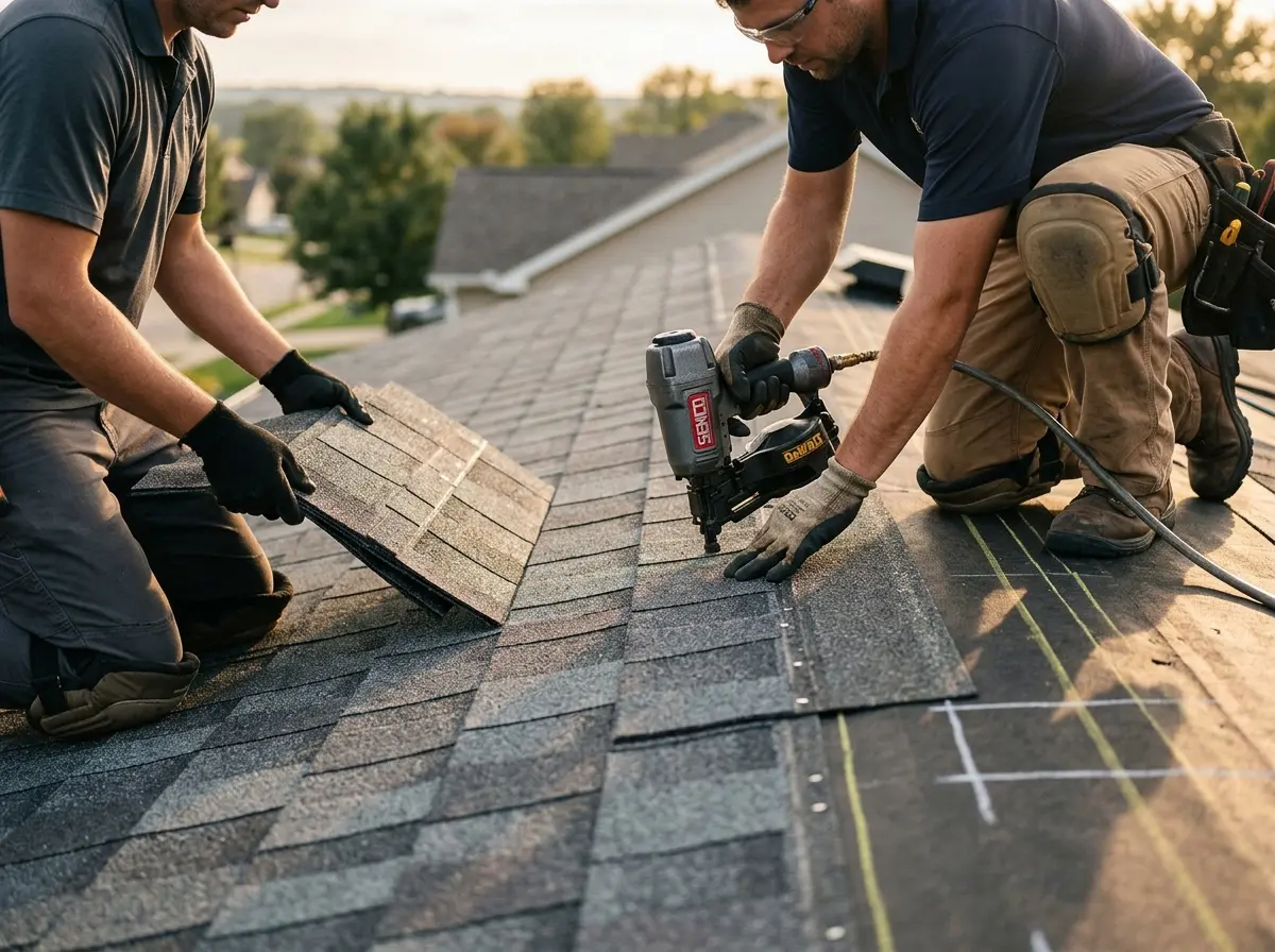 Professional roofer working on a residential roof in Pontiac